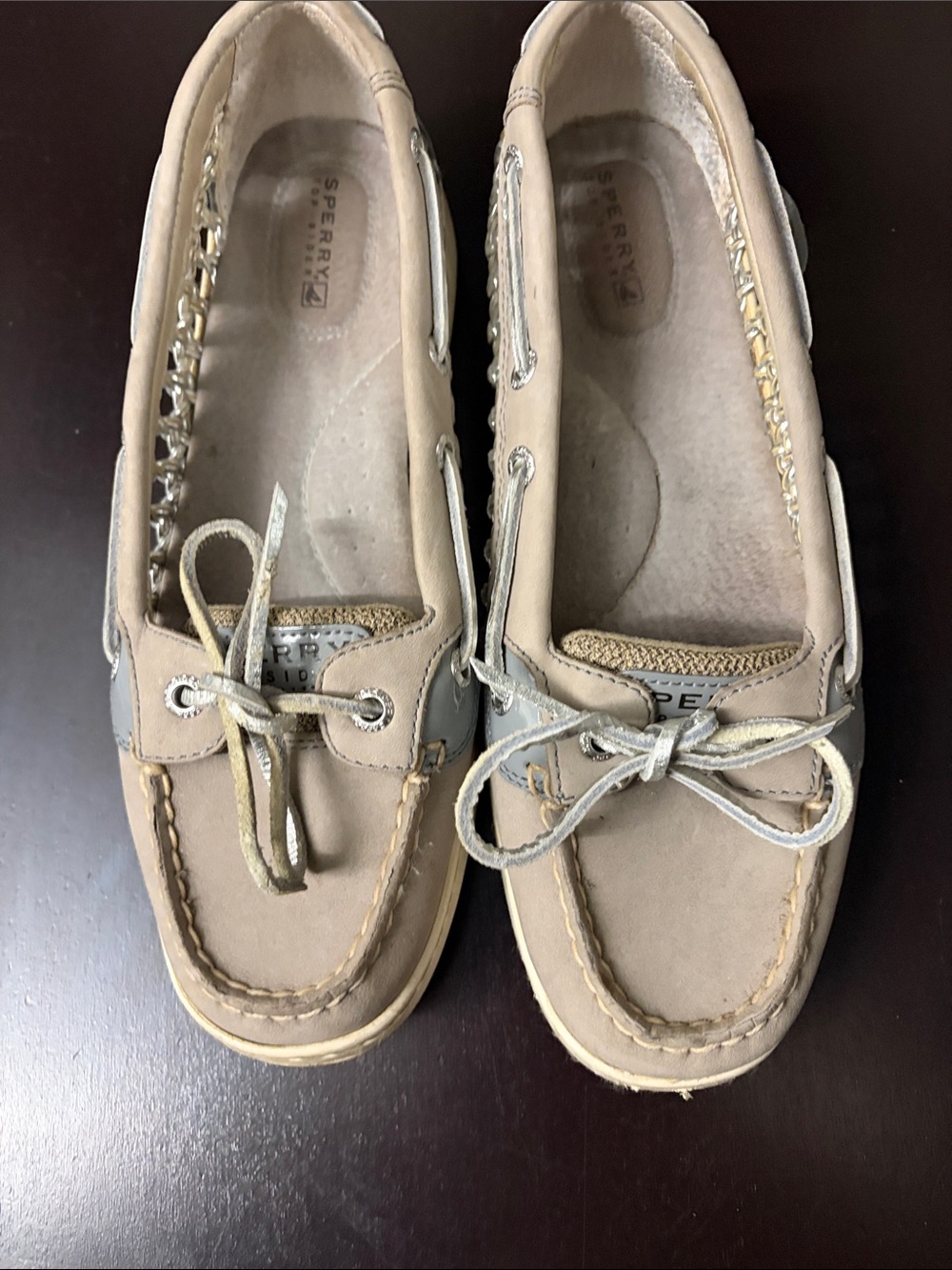 Sperry Women’s Taupe Leather Boat Shoes with Light Tan Accents